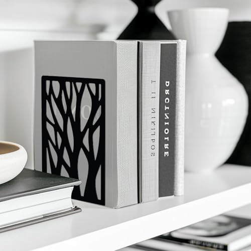 Peacoblue Metal Bookends for Shelves, Modern Decorative Heavy Duty Study Book Support Stoppers for Office, Desk, Shelf, Room 5.3"x4.3"x7.9" Cast Iron Simple Tall Bookends, 1 Pair (Dead Tree) - style: Dead Tree
