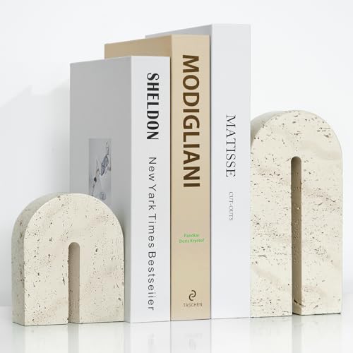 BOHDK Book Ends for Shelves, Resin Heavy Duty Decorative Bookends, Retro Arch Book Holder for Heavy Books, Imitation Travertine Book Stopper for Home Decor, Study, Bookshelf, Desktop, Set of Two
