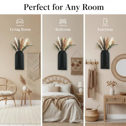 Modern Wall Vase Set of 2 - Black Boho Wood Wall Decor for Living Room, Dining Room & Entryway - Large Farmhouse Wall Mounted Flower Vases - Minimalist Art Wall Decor for Bathroom, Kitchen & Bedroom - style: C