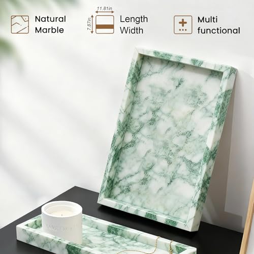 Natural Marble Tray, Stone Tray for Bedroom/Bathroom/Kitchen/Vanity Countertop, Jewelry Tray for Rings Earrings Necklace Bracelet Watch, Room Decor Aesthetic - color: Lotus Green, size: 11.8" x 7.9" x 1.2"