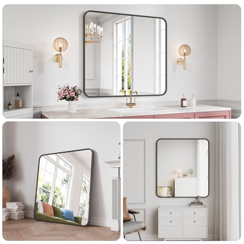Koonmi Bathroom Mirror, 36X40 Brushed Black Rectangle Wall Mirror, HD Tempered Glass, Anti-Rust Frame Vanity Mirror, Rounded Rectangle Mirror for Restroom, Bedroom, Hangs Horizontal or Vertical - color: Rounded Edged, size: 40"L x 36"W