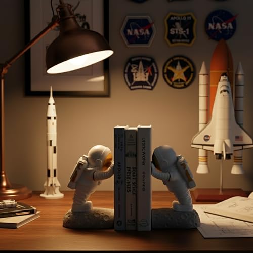 Astronaut Bookends - Space Decor for Kids Rooms & Home Office - Heavy Duty Book Holders with Anti-Slip Base - Cool Unique Design (Gold) - color: Gold