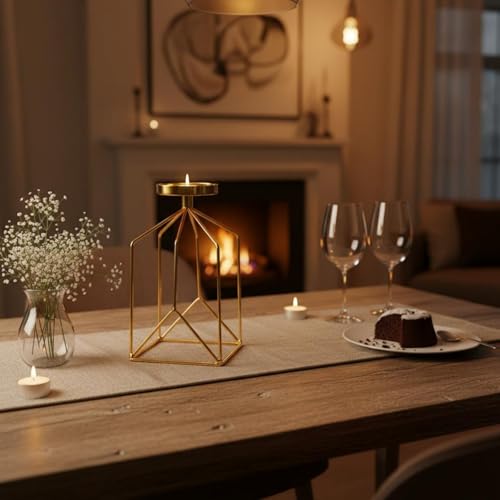 Qianly Iron Art Candle Holder Romantic Atmosphere Nordic Candlestick Minimalist Geometric Metal Candlestick for Candlelight Dinner, Living Room, Black, M