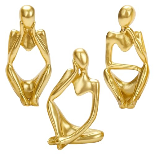 3PCS Gold Thinker Statues Home Decor, Resin Abstract Trendy Art Sculpture, Modern Aesthetic Collectible Figurines Display for Home Office Bedrooms Shelf Table Desktop Decoration