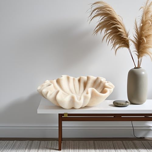 12" Large Decorative Bowl decor - Beige Scalloped Decorative Bowls for Home Decor - Organic Fluted Modern Home Decor,Ruffle Decor key bowl,bowl for keys,Artificial Stone Beige - color: Beige, size: 12inch