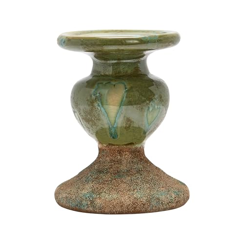 Creative Co-Op 2-Tone Sculptural Terracotta Pillar Candle Holder, Distressed Green - color: Green, size: 5.5" W x 6.5" H