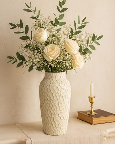 12.4" Yellow Ceramic Vase, Large Rustic Textured Decorative Vase for Farmhouse Home Decor, Tall Pottery Vase for Dried Flowers & Pampas Grass, Warm Accent Centerpiece for Table, Shelf - color: Yellow, size: 12.4 Inch
