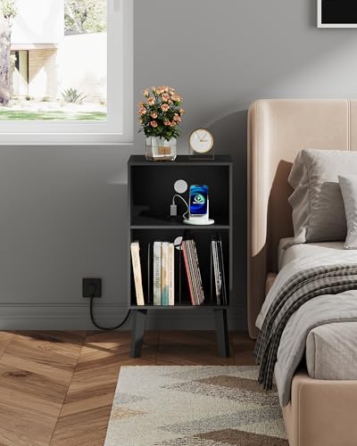 WLIVE Modern Nightstand with Storage, Small Space Bedside Table, End Table for Bedroom & Living Room, Mid Century Night Stand with Open Shelf & Sturdy Wood Legs, Black - color: Black