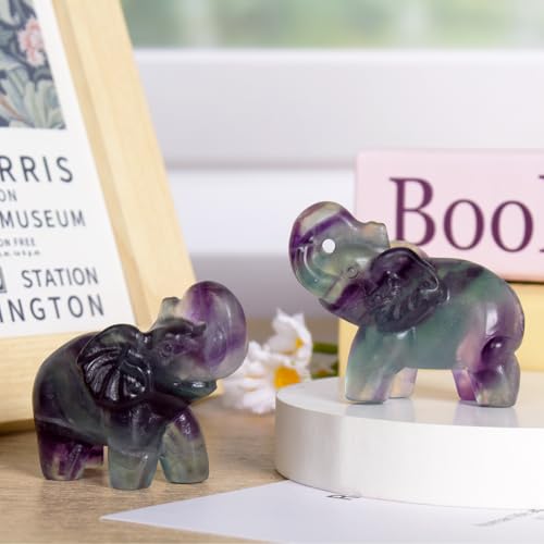 2 Inch Rainbow Fluorite Crystal Elephant Sculpture Handcrafted Healing Stone Animal Figurine Spiritual Home Decor Lucky Charm Gift for Wealth Success Positive Energy and Meditation Lovers - color: Rainbow Fluorite Elephant-02