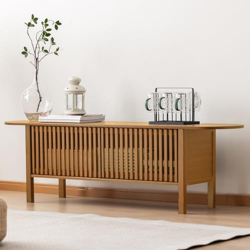 Bamboo TV Stand for TVs up to 65", Accent Entertainment Center with Storage, Media Console Table with Fence Door, Modern TV Stand for Living Room, Bedroom, 55"(L), Walnut - color: Walnut Fence Door