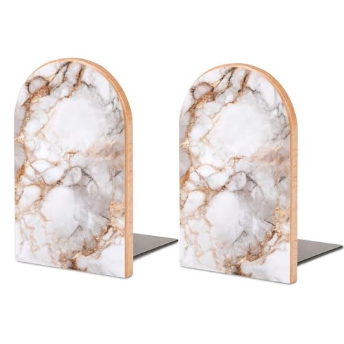 Minimalist Marble Texture Wooden Bookends Shelves 2 PCS White and Rose Gold Veins Sturdy Book Holders Desktop Organizer for Home Office Libraries - color: Color-4
