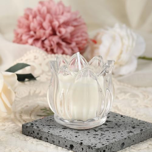 Elsjoy Set of 12 Tulip Glass Votive Candle Holders, Decorative Tea Light Candle Holders, Clear Glass Flower Tealight Candle Holder for Table Centerpieces, Wedding Decor