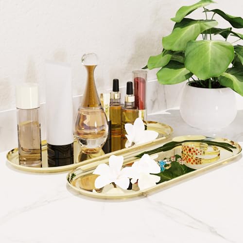 2 Pack Golden Bathroom Sink Vanity Decorative Tray, 12in Oval Trinket Storage for Dresser Counter, Stainless Steel Decor Jewelry Dish Tray, Perfume Candle Key Valet Organizer