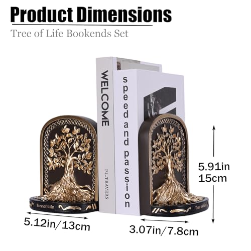 Tree of Life Bookends, Black Gold 2 Non-Skid Heavy Decorative Bookends for Shelves Or Bookcase, Elegant Bookends for Library Office Decor, Home Décor Gift - color: Black Gold