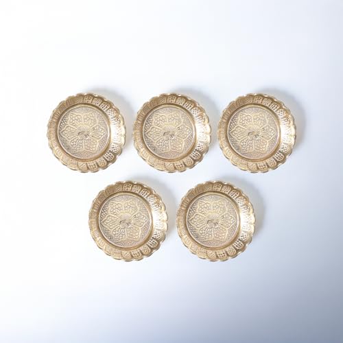 Shubhkart Solid Brass Decorative Nakshi Plate Set for Puja, Decoration & Diwali Gifting (Small 7 cm, Pack of 5, Solid Brass) - size: Small (Pack of 5)