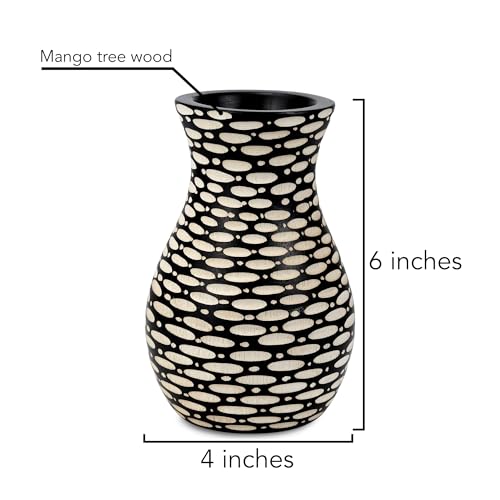 AeraVida Intricate Etched Ovals Mango Wood Vase Dark Brown 6-Inch Handmade Tabletop Flower Holder for Dried or Silk Flowers Rustic Modern Decor Accent for Living Room or Office