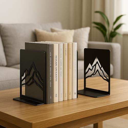 Metal Bookends for Shelves, Mountain Line Art Design, Heavy Duty Decorative Book Ends for Home Office, Black Iron Book Holder with Anti-Slip Base, Gift for Readers & Nature Lovers (1 Pair) - color: Black Sm