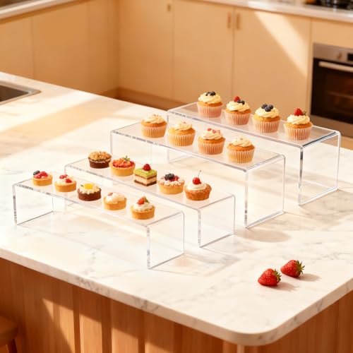 Acrylic Display Riser Stand of 4pcs, 5mm Thickness, 12'' Length Tierd Display Stands, Acrylic Shelf Risers for Perfume Display,Risers for Buffet Table,Cupcake Stand,Pop Figurines,Tumbler,Food - size: 4PCS