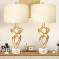 Scenekoy Sculptural Resin Table Lamp Set of 2 with USB Ports for Bedroom Living Room, 31” Big Gold Leaf Marble Base Bedside Lamps, Pull Chains Switch Modern Nightstand Lamp for Home Room Decor - size: 31 inches Gold Leaf -028-SL