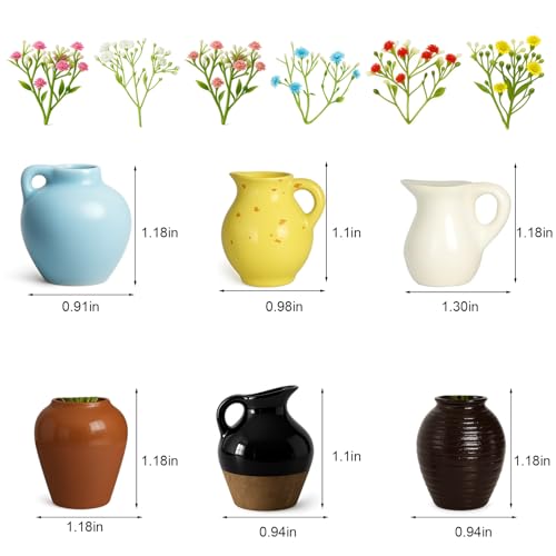 6Pcs Mini Vase Magnets for Fridge - 3D Plant Ceramic Vase Magnets with Flowers, Tiny Cute Magnetic Vases for Refrigerator Kitchen Locker Office Decoration