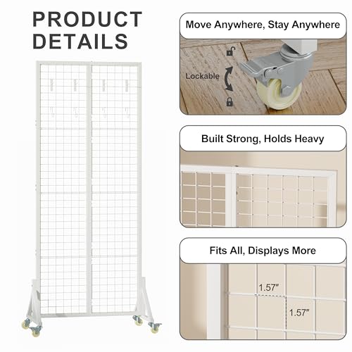 Rolling Gridwall Display Stand, 64.2" H x 23.6" W Wire Mesh Rack with Wheels, Metal Display Grid for Art Shows, Craft Fairs, Retail Boutique & Home Storage, White - color: White