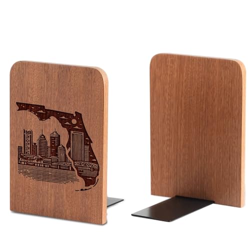 Florida Gifts for Women Men, Florida Themed Souvenirs - Heavy Duty Iron & Ebony Wood Book Ends for Shelves Bookcase Desk - 1 Pair, 4.72x6.69 Inches - Cityscape - color: Cityscape