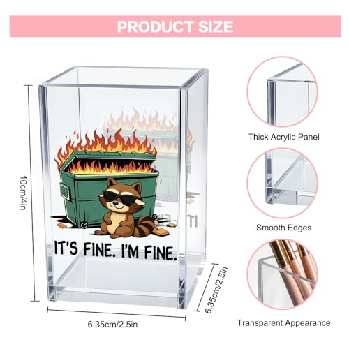 It's Fine I'm Fine Acrylic Cosmetic Pencil Pen Holder Cup, Funny Raccoon Dumpster Fire Pen Holder Cup, Raccoon Lover Gifts for Women Men, Office Sarcastic Gifts for Women Men Colleague Boss - style: It's Fine D