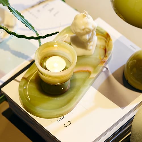 Natural Marble Decorative Tray for Countertop Organizer,Vanity Tray Trays for Jewelry Perfume Candle, Luxury Oval Stone Dish for Bathroom, Bedroom, 9.8"x4.4" Catchall Tray, Olive Green