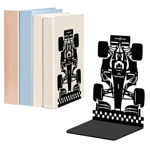WADORN 1 Pair Racing Car Metal Decorative Bookend for Shelves, Heavy Duty Book Ends Modern Non-Skid Books Holder Stand Black Book Support Stoppers for Desk Bookshelf Office Home, 5.3x4.3x7.8 Inches - color: Racing Car