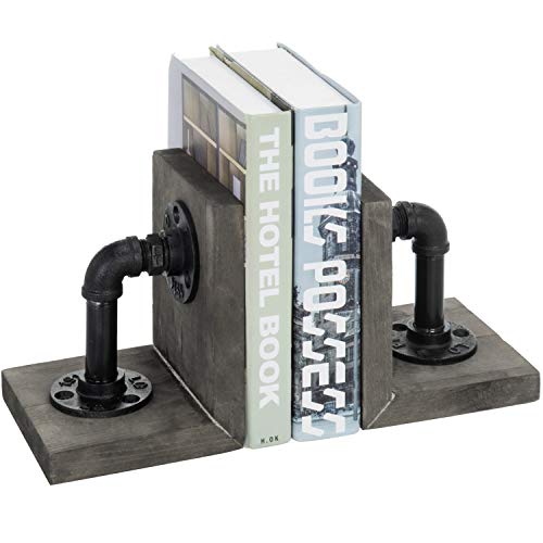 MyGift Book Ends Decorative for Shelves, Office Bookends for Heavy Books, Book Holder L-Shaped Stand Desktop, Vintage Gray Wood with Realistic Industrial Pipe Design - color: Vintage Gray