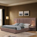 Luxury Queen Size Bed Frame with Oversized Upholstered Headboard, Modern Chenille Upholstered Platform Bed Frame with Gold LED Lights, Nightstands, No Box Spring Needed, Pink - color: Pink, size: Queen