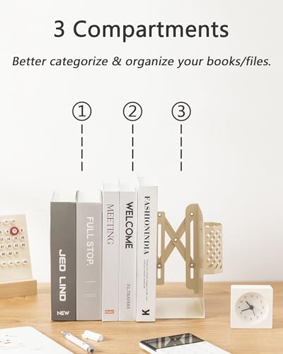 Kingsmile Book Ends, Adjustable Bookends for Shelves, Metal Bookends for Heavy Books, Book Stopper Organzier with Pen Holder for Desk, Kids Room, Office, Classroom, Library, Study Room.(Light Beige) - color: Light Beige