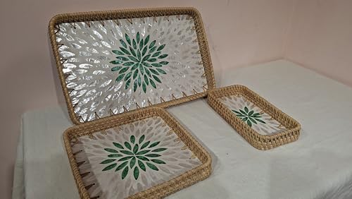 Set of 3 Rattan Serving Trays with Mother of Pearl Inlay – Handwoven Boho & Modern Farmhouse Decor for Kitchen, Bathroom, Coffee Table & Ottoman - style: Rattan Trays with Mother of Pearl Inlay