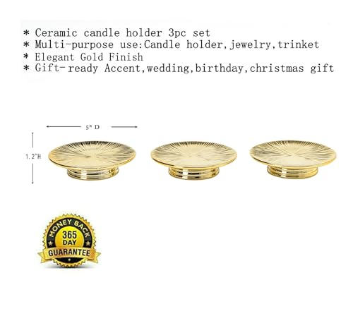 Ceramic Gold Candle Plate Set, 3-Piece – Decorative Candle Holder Tray for Pillar Candles, Jewelry, Trinkets or Bathroom Counter – Elegant Gold Finish for Tabletop & Home Décor - color: Gold 1