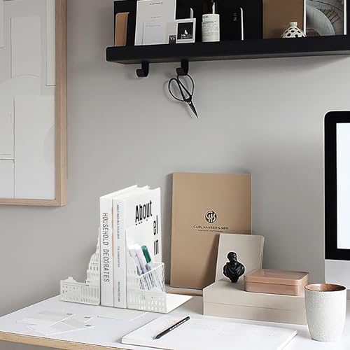 Capitol Book Ends Decorative for Shelves,ENCIMART 1.5mm Thickened Bookends with Pen Holder,Heavy Duty Metal Book Stopper Desk Organizer Holder for Office Gift (White) - color: Capitol White