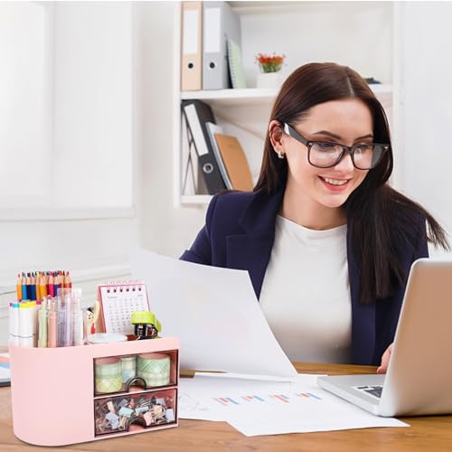 Meiikun Desk Organizer with Drawer, Pen Organizer for Desk, Small Pencil Holder, Desk Organizers and Accessories for Office Home Storage (2 Drawers+4 Compartments, Pink) - color: 4 Compartments + 2 Drawer (Pink)
