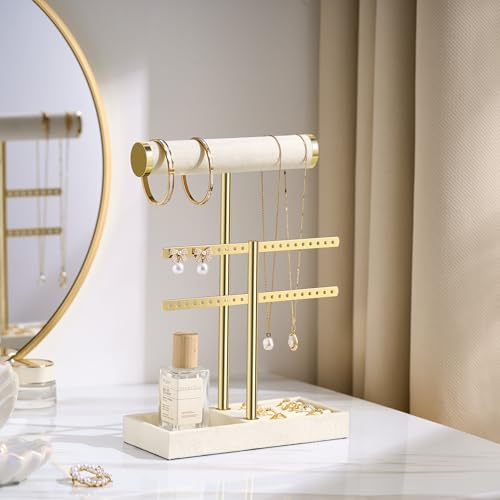bussdis 2 Tier Bracelet Holder Display - Detachable T Bar Beige Velvet Bracelet Holder, Jewelry Holder Organizer for Bracelet, Necklace, Earrings, Rings - color: Beige