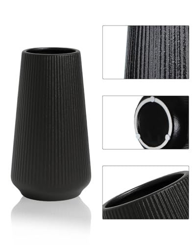 Black Ceramic Vase, 8 Inch Flower Vase for Pampas Grass, Modern Minimalist Ribbed Decorative Vase for Living Room Table, Shelf Decor - color: Matte Black01
