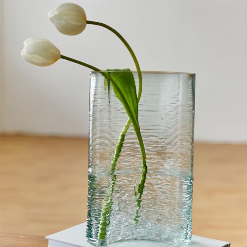 Blue Glass Flower Vase 10.6" Tall, 3lb Heavy Art Vases for Home Decor - Unique Decorative Centerpiece for Fresh/Dried Flowers, Modern Table Vase with Sturdy Base