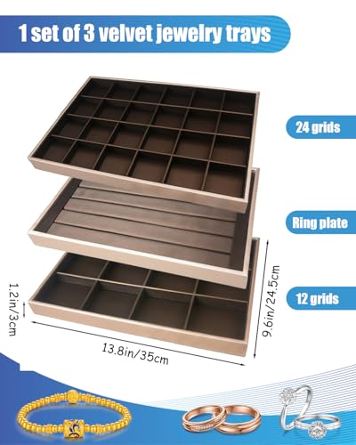 Rocutus Jewelry Trays,3 Pack Stackable Velvet Jewelry Organizer Tray Drawer Jewelry Storage Tray,Divided Ring Organizer Tray for Earrings, Necklaces, Bracelets,13.8"x9.5"x1.2" (Champagne Gold) - color: Champagne Gold