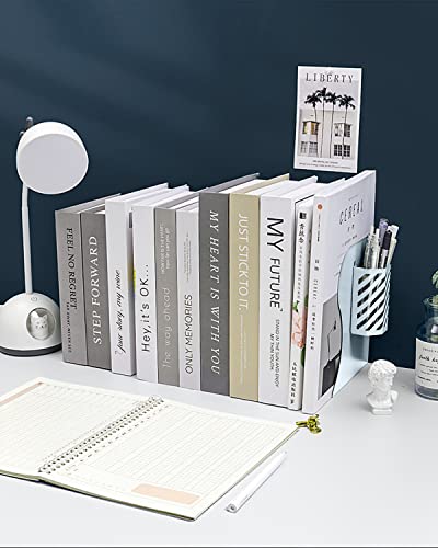 MSDADA Adjustable Bookends, Book Ends for Heavy Books, Expandable Book Organizer with Pen Holder for Desk, Shelf, Office, for 6 7 8 9-15 Boys and Girls, Extends up to 19 inches (Light Blue) - color: Light Blue
