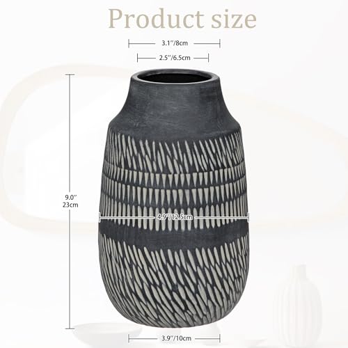 9" Textured Vase with Linear Stripe, Rustic Ceramic Vase for Home Office Tabletop Decor, Industrial, Vintage & Farmhouse Style, Slender & Dark Grey - color: 9" Dark Grey