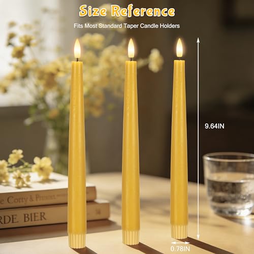 Yellow Flameless Taper Candles with Remote, 9.6 Inches Real Wax Battery Operated Candles, 3 Pack Flickering LED Candlesticks, Tall Taper Fake Candles for Home, Wedding, Party - color: Yellow
