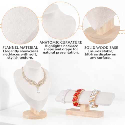 Rainmae 4 Pcs Jewelry Display Set, Necklace Display Stand and T Bar Bracelet Holder, Wooden Necklace/Watch/Bracelet Display Rack, Jewelry Bust for Selling for Vendors Home Trade Organizer (Medium)