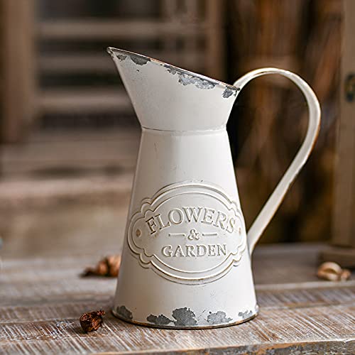 Rustic Metal Flower Vase, White Shabby Chic Vintage Farmhouse Jug Vase,Galvanized Milk Jug Pitcher for Home Decoration - 8.7" - color: Flower-pitcher