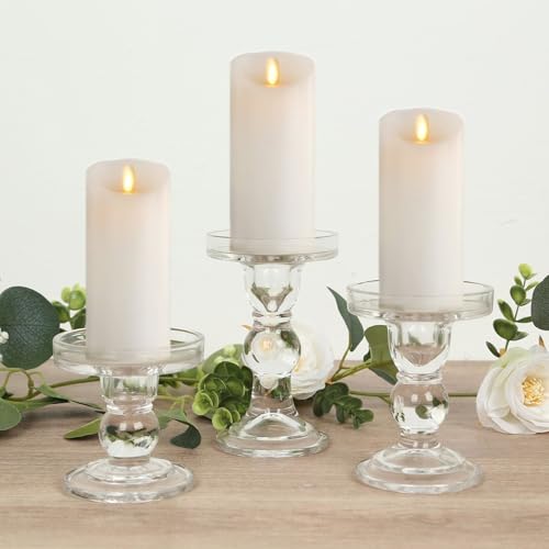Efavormart Set of 3 Clear Premium Glass Pillar Candle Holders with Round Candle Tray, Crystal Ball Stem Taper Candlestick Stands Tea Light Holders with Stable Base - 3.5",4.5",5.5" - color: Type11