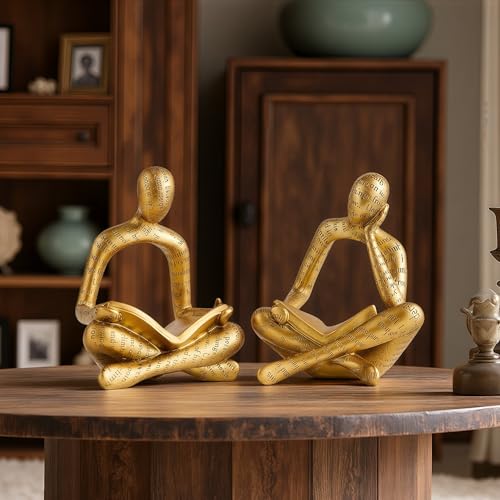 XINXUAN Resin Abstract Sculpture, Meditation and Reading Posture, Desk/Shelf Modern Home Decor Decoration, Art Statue (Think - Gold Foil Color) (2PCS-Gold Reading) - color: 2pcs-gold Reading
