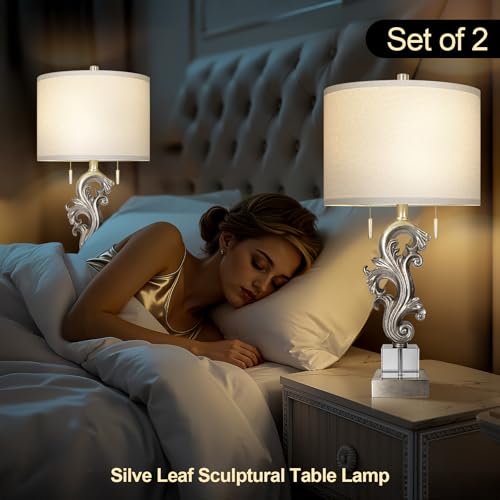 Scenekoy Table Lamp Set of 2 with USB Ports, Pull Chains Switch, 27” Silver Leaf Sculptural Bedside Lamps with Linen Shade for Living Room Bedroom, Nightstand Lamps for Home Room Decor - size: 27 inches Silver Leaf -041