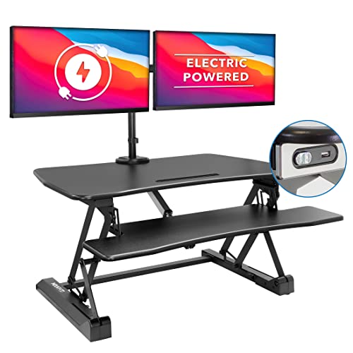 Mount-It! Electric Standing Desk Converter with Dual Monitor Arms for 2 Screens (Max 32"), Large 35.4" Wide Desktop, Motorized Stand Up Desk Riser, Keyboard Tray, USB, Black Stand up Desk Convertor - size: Large 35.4"