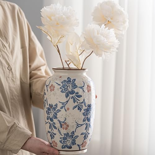 Blue and White Vase, Vintage Blue Ceramic Flower Vessel,Ceramic vases for Home Decor,Vintage Vase for Home Decor, Living Room, Shelf, Office, Rustic Table Centerpiece (Blue and white-02, Large) - color: Blue and White-02, size: Large